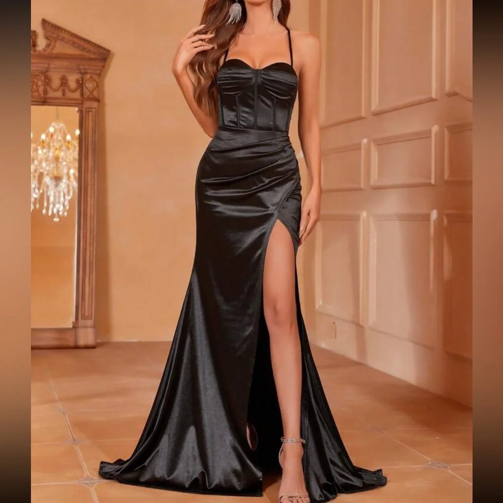 Luxe mermaid hem slit thigh party formal evening satin gown dress - Picture 5 of 8